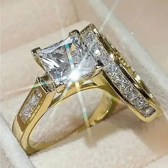 Princess Cut Moissanite Engagement and band set, 14K Yellow Gold Plated Set - Picture 2 of 11